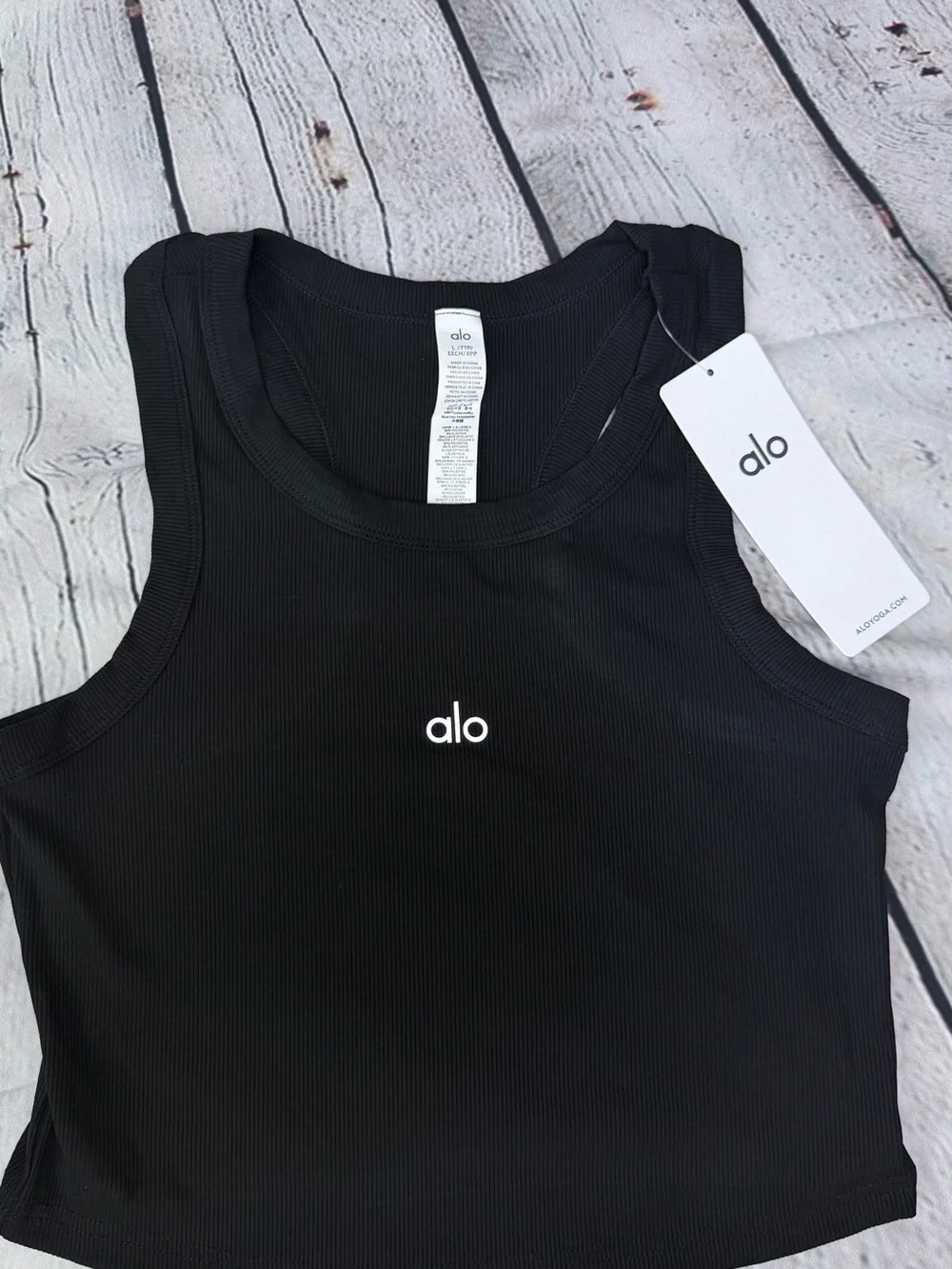 ALO Yoga Black Ribbed Crop Tank with White Logo